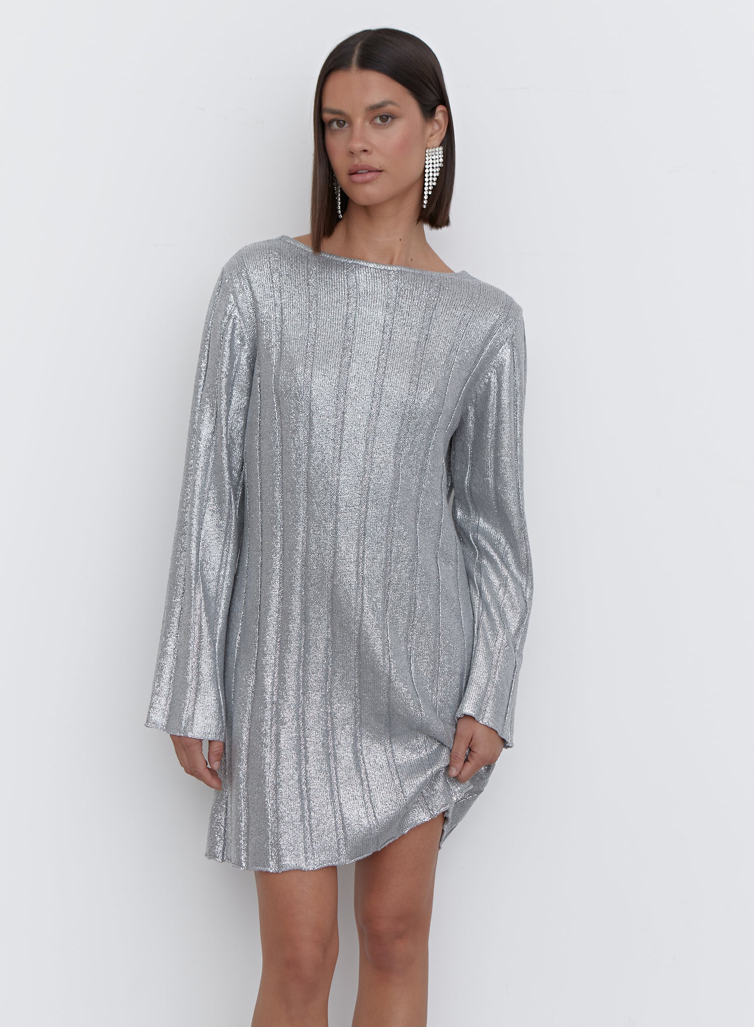 Silver Metallic Knit Tie Back Jumper Dress